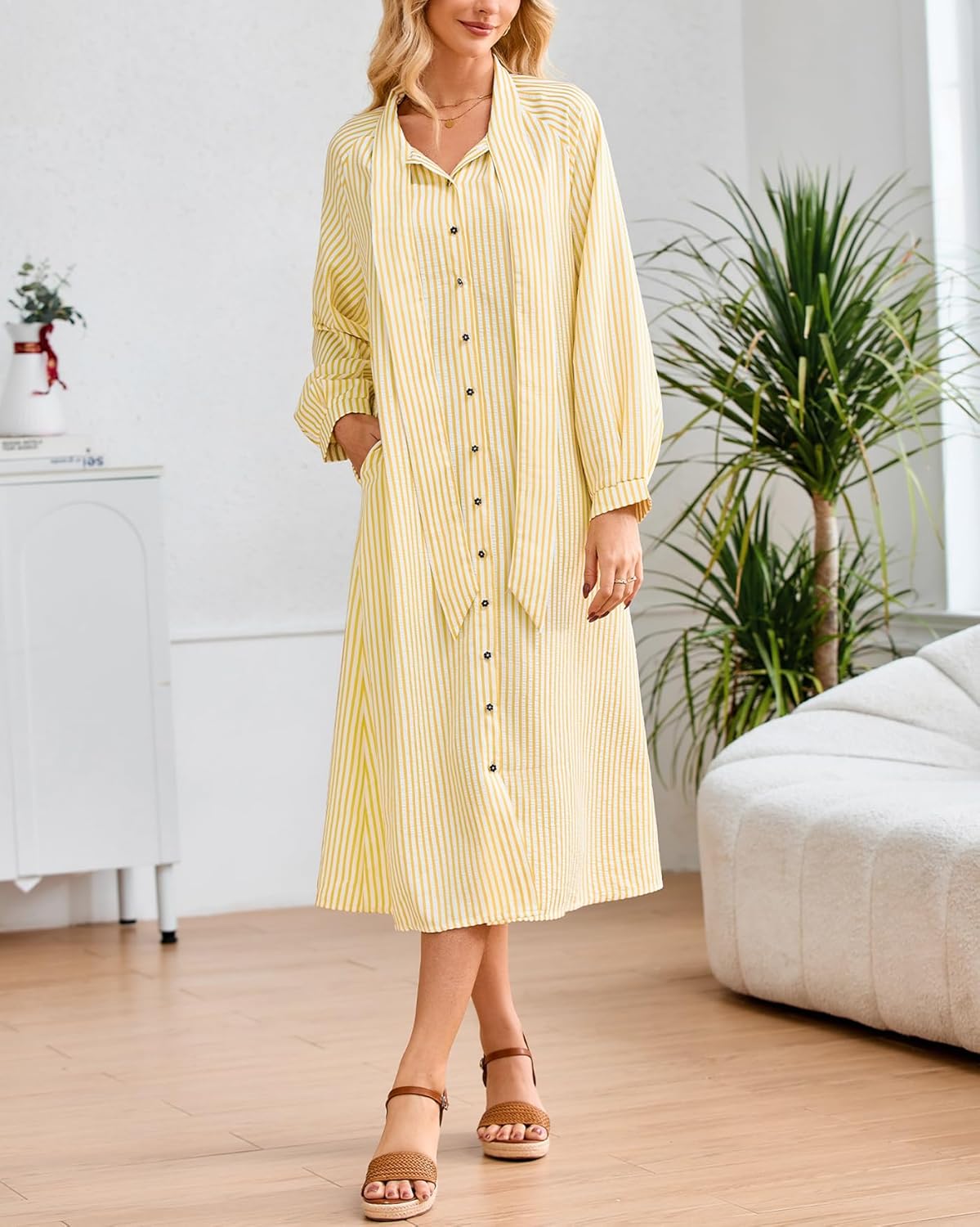 Women's Striped Shirt Dress Casual Bow Tie Neck Button Down Long Sleeve Midi Dress with Pockets - Image 6