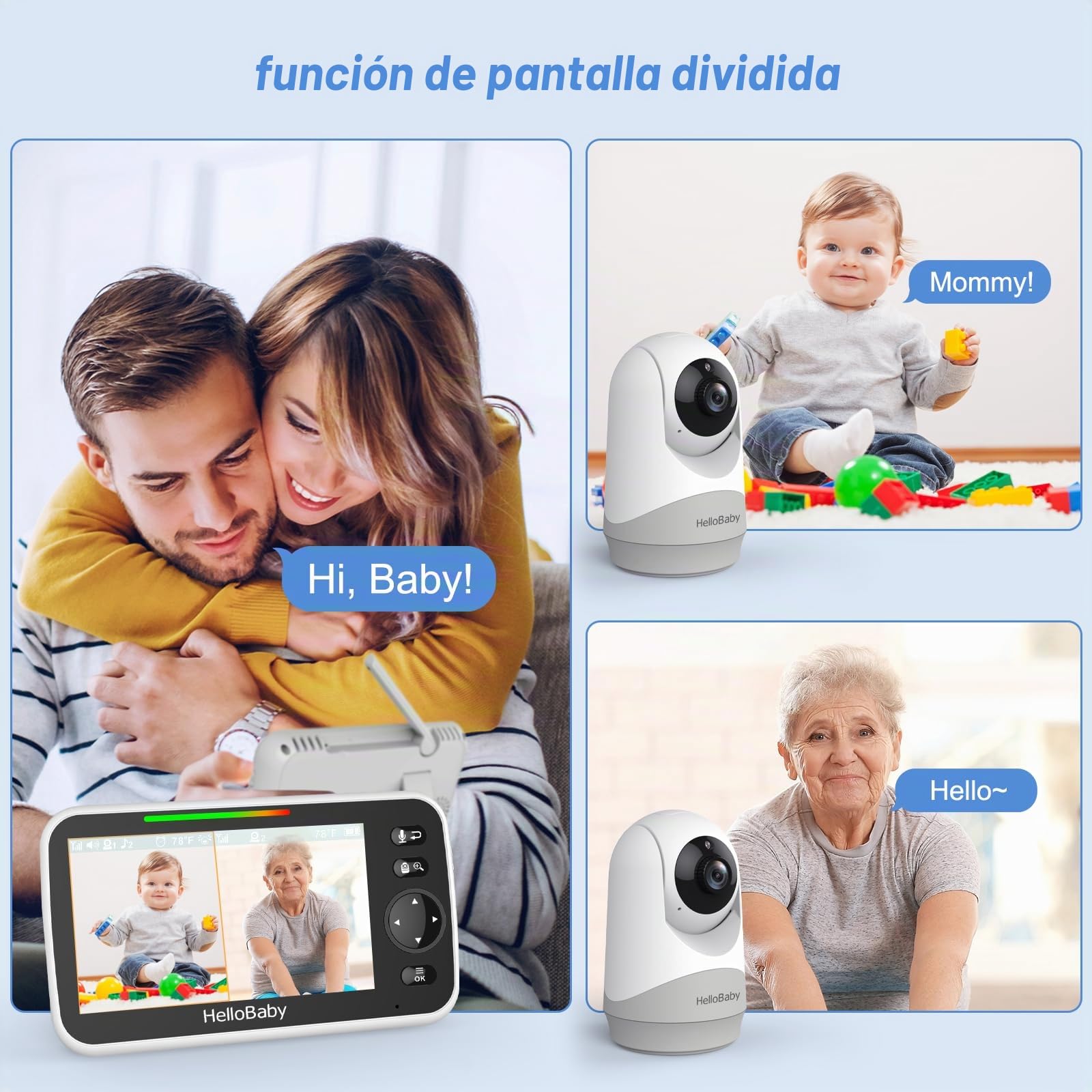 HelloBaby Monitor de vídeo para bebé, pantalla dividida de 5 pulgadas con cámaras duales, cámaras remotas con visión nocturna y control de temperatura, modo ECO, conversación bidireccional
