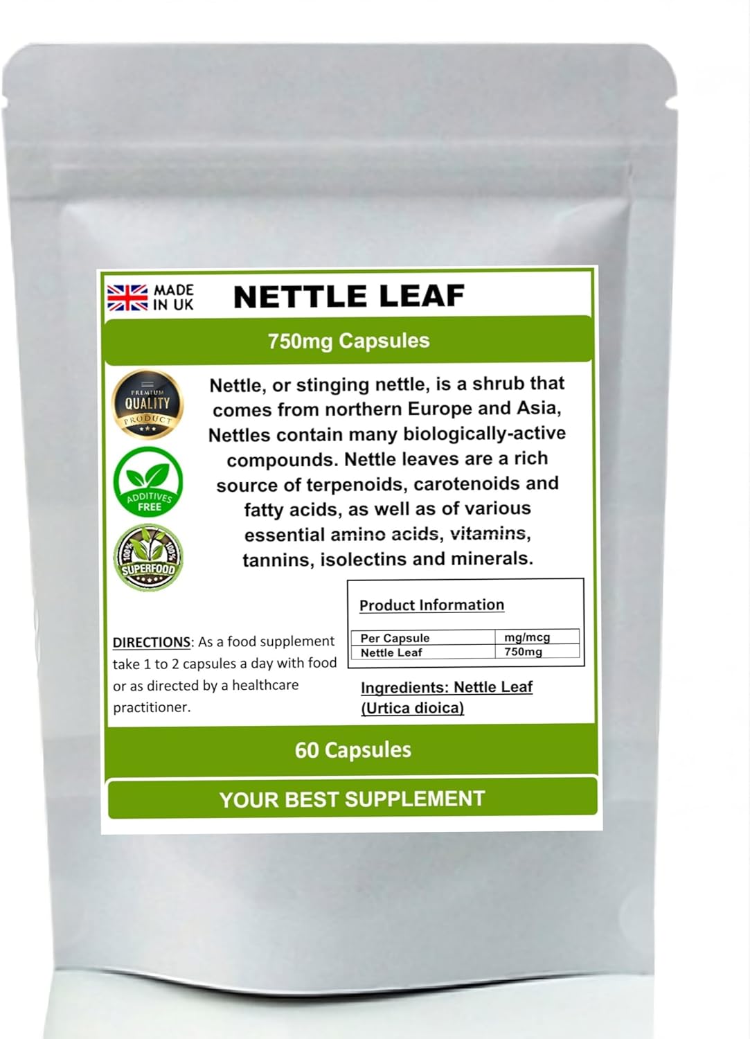 Nettle Leaf Capsules 750mg (Urtica dioica) 100% Natural Super-Food (60)