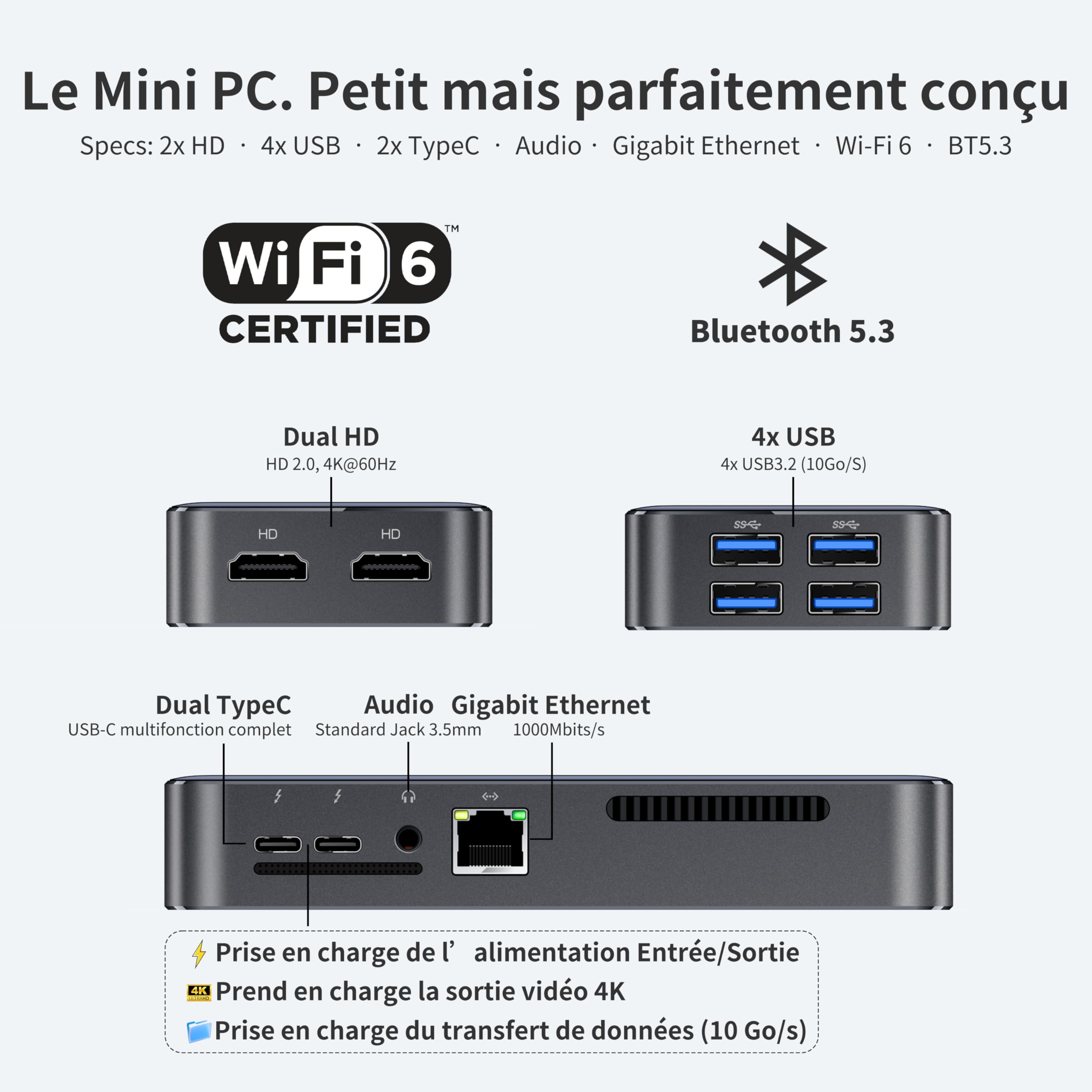 DreamQuest Mini PC Windows 11 Pro Processeur Intel N95 12ème génération (Jusqu’à 3,4 GHz), 12Go DDR5 512Go M.2 SSD, 2*USB|2*HDMI 4K@60Hz|4*USB 3.2|LAN|Wi-FI 6|Bluetooth 5.3