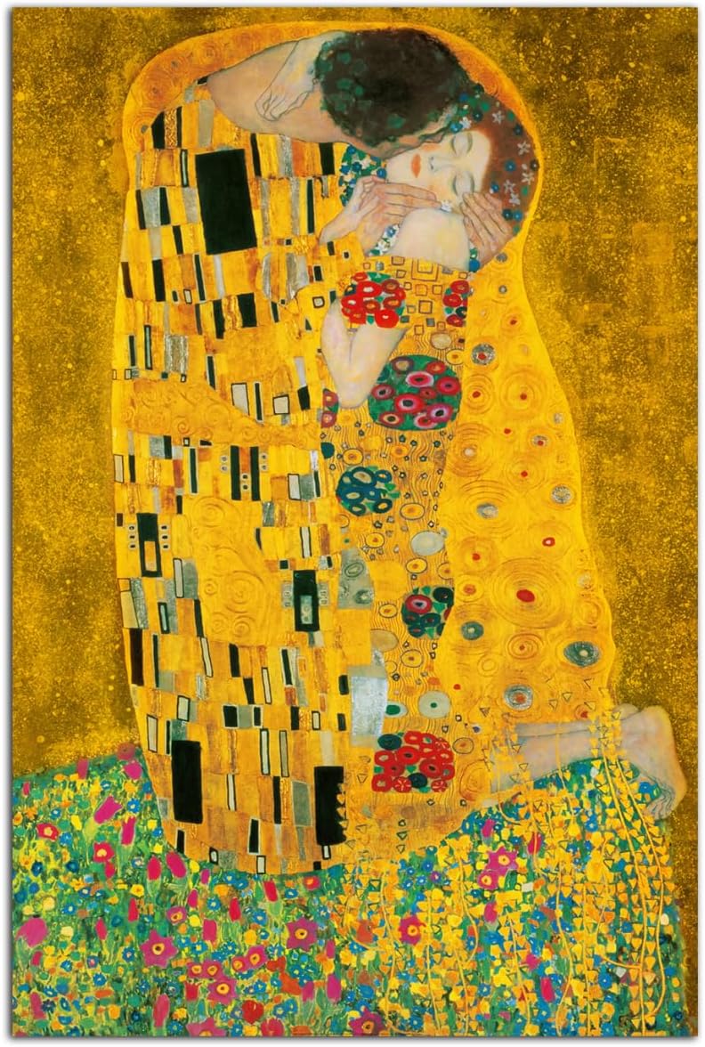 Gustav Klimt The Kiss Art Painting Poster Print Canvas Decor Painting Wall Art Room Aesthetics Bedroom Bathroom Decor Picture 32x48inch(80x120cm)-Unframed