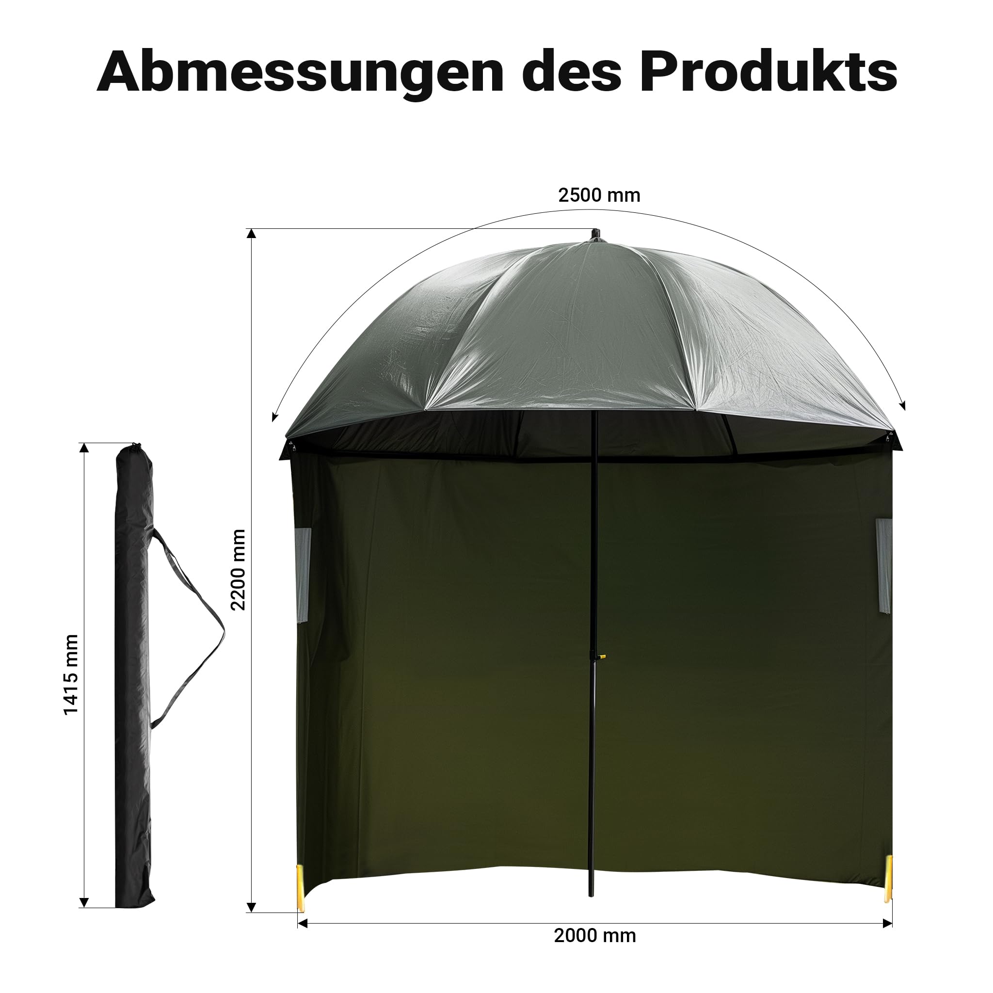 Wiltec Angelschirm 250cm mit Seitenwand und zwei Sichtfenstern Schirmzelt als Windschutz beim Angeln Regenschirm Angel Schirm Zelt Sonnenschirm