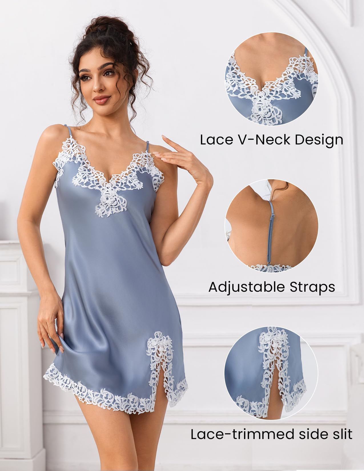 THXSILK Damen Sexy Seide Nachthemd, 19 Momme Maulbeerseide Nachtwäsche V-Ausschnitt Spitze Spaghetti Strap Chemise Kurz Slip Kleid