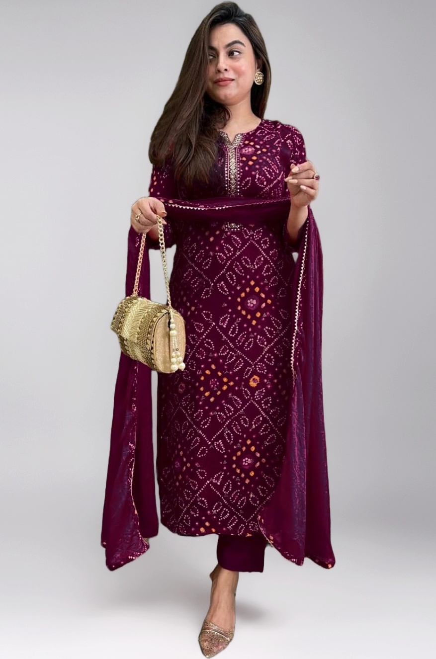 GoSriKi Women's Rayon Viscose Straight Bandhej Printed Kurta with Pant & Dupatta