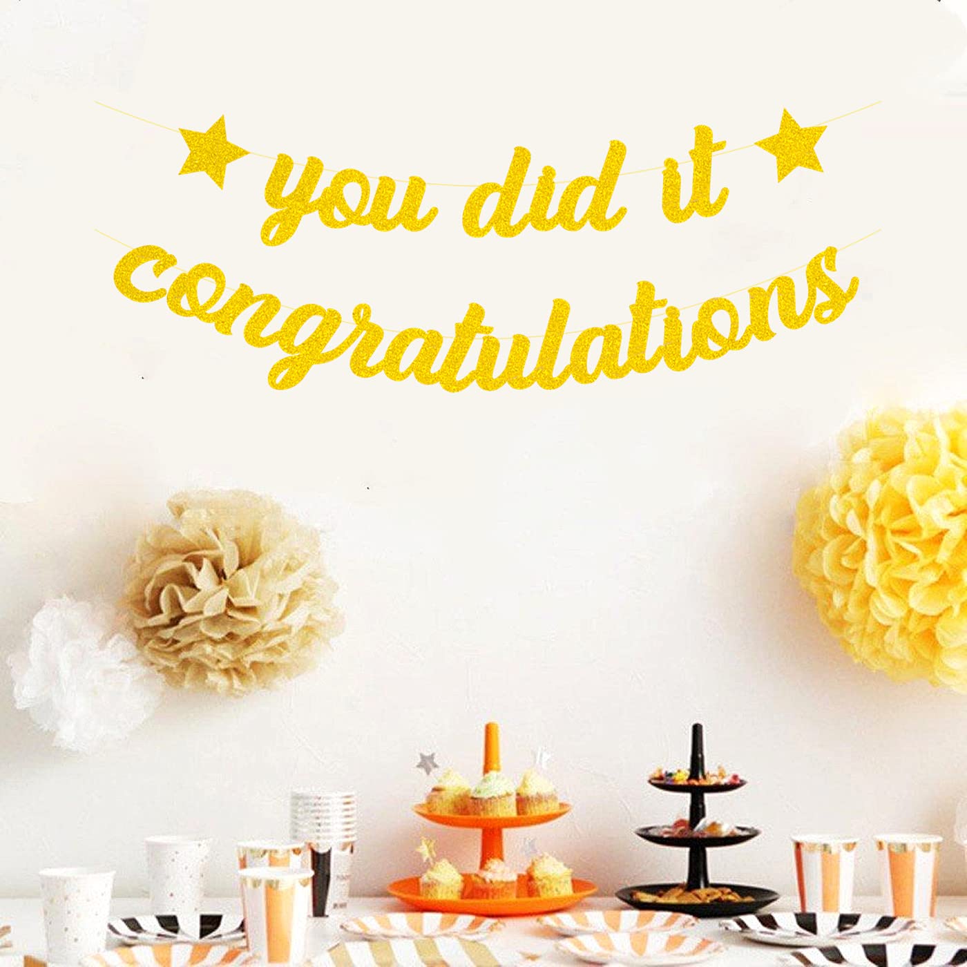Set Di 2 Striscioni Oro 'You Did It' E 'Congratulations' Per Laurea, Pensionamento, Anniversario - Decorazioni Feste In Carta Glitterata