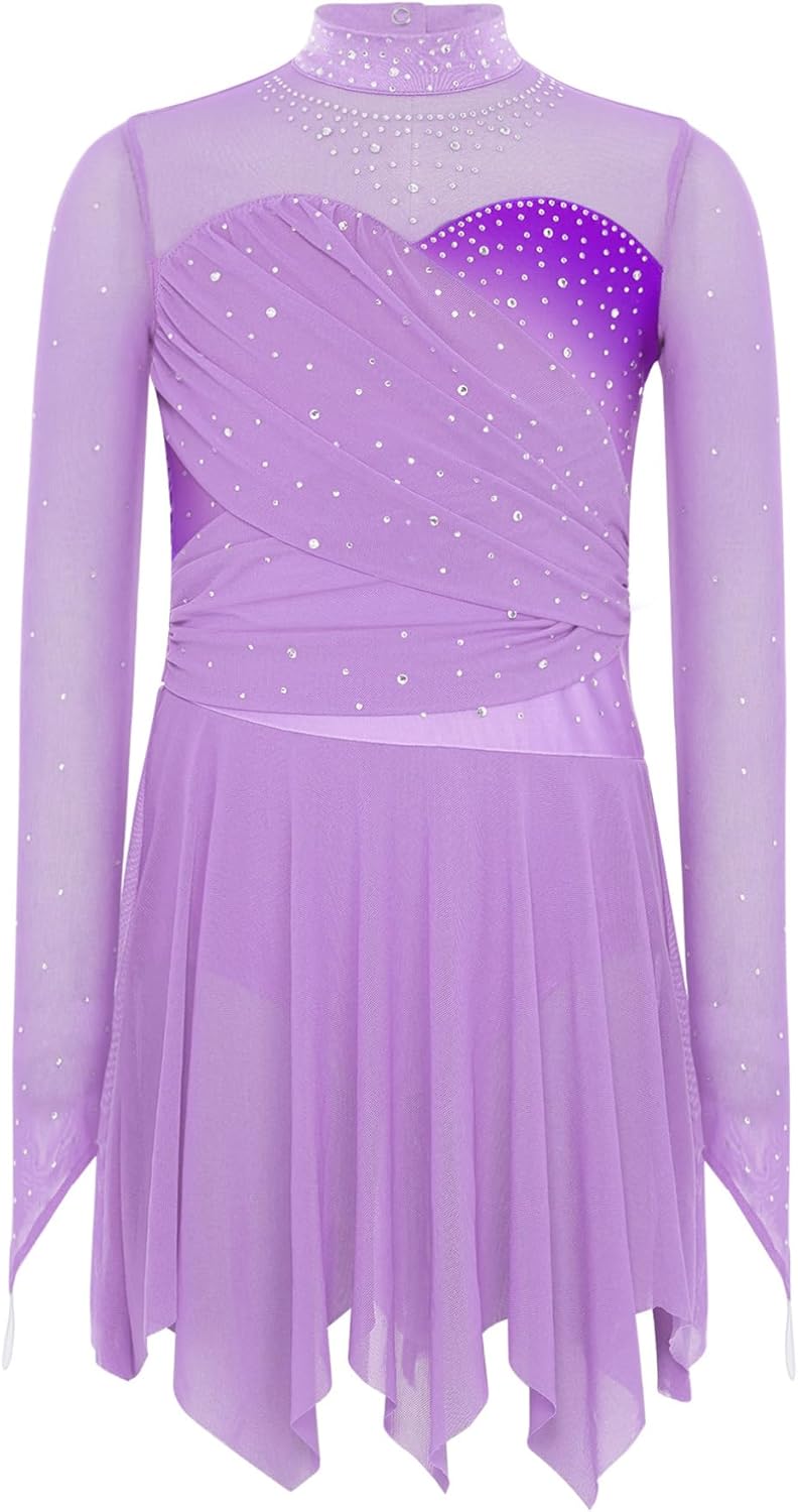 Agoky Kids Girls Figure Skating Dress Mesh Long Sleeve Ballet Skirted Leotard Rhinestone Lyrical Dance Dress
