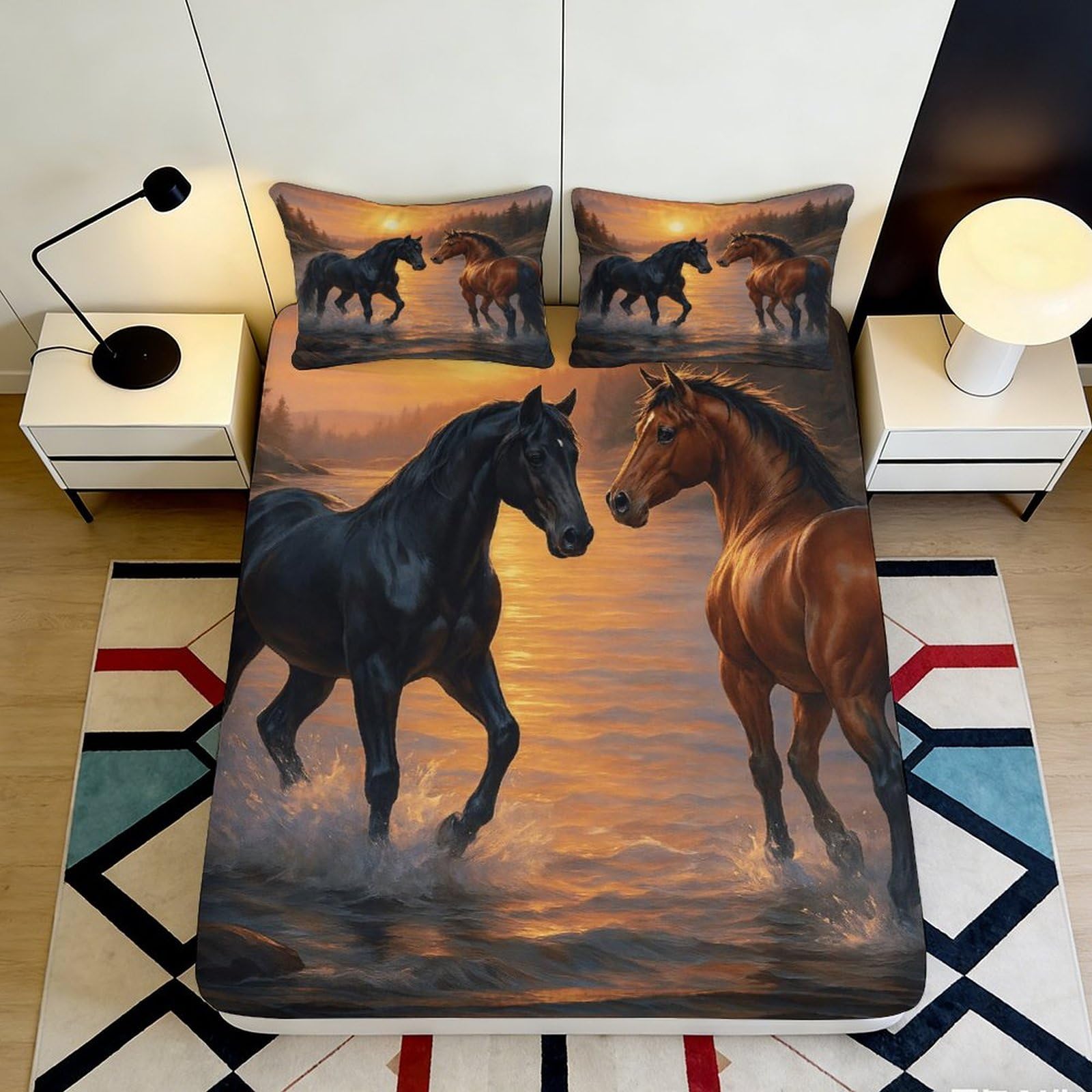 3D Printed Horse Sunset Fitted Sheet Microfiber Soft Breathable Horse Pair Bed Cover for Bedroom Dormitory Guest Room Mattress Protection Decor 200x200x25cm