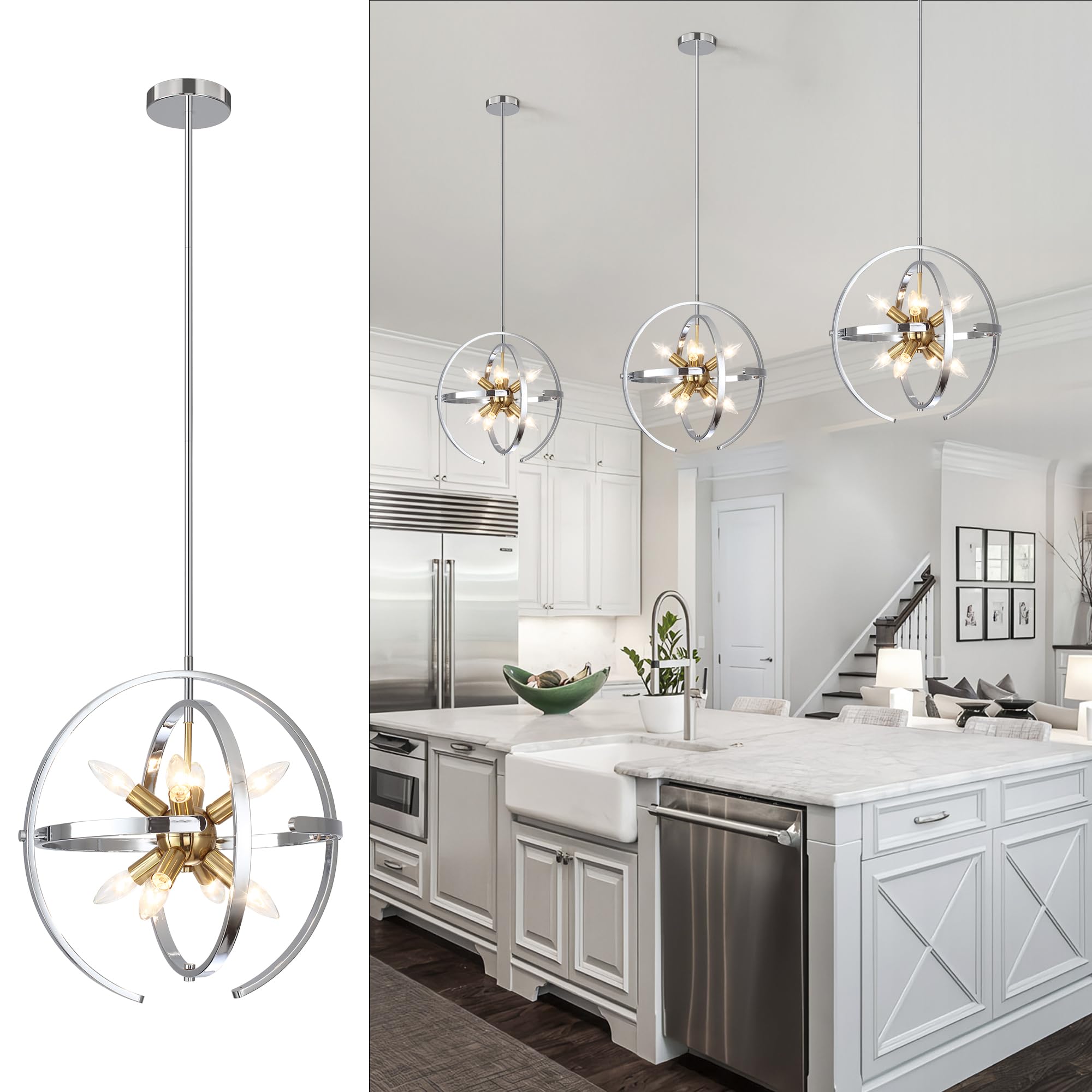 Modern Globe Chandelier, Kitchen Island Pendant Light, 8 Lights Hanging Light Fixtures, Round Chandelier Over Table for Dining Room Living Room Kitchen Bedroom Foyer Hallway Entryway