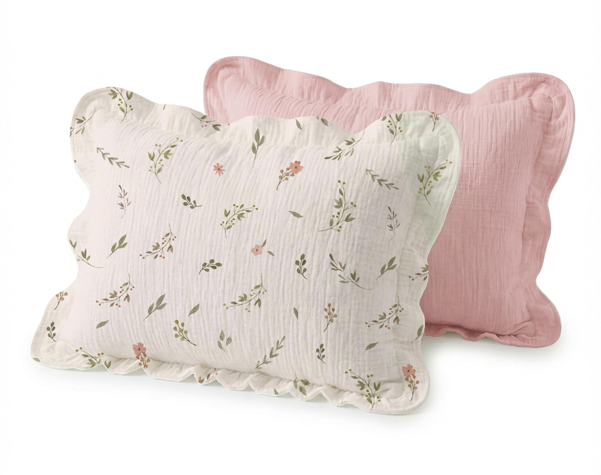 Wimist Toddler Pillowcases for 13"x18" Pillow 2 Pack, Muslin Small Toddler Baby Kids Travel Pillow Covers for Boys Girls with Envelope Closure (Blush Meadow-Ruffled, 13 x 18 Inch)