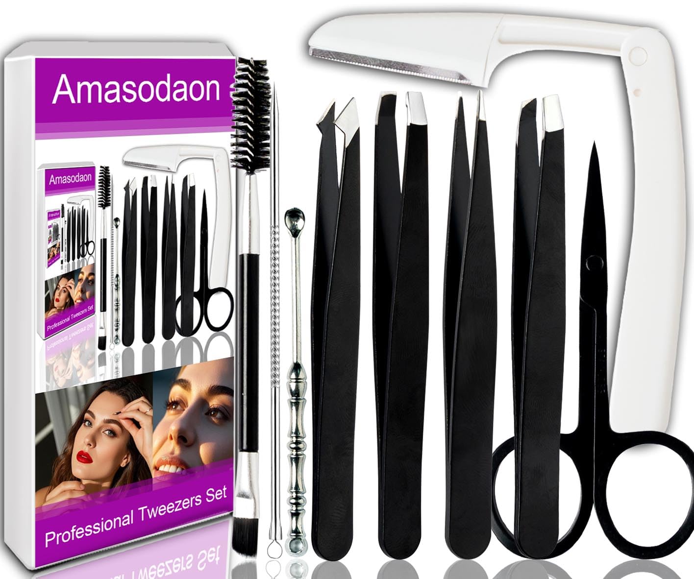 Amasodaon Tweezers Set [9+1 PCS] - Professional Stainless Steel Tweezers for Eyebrows – High-Precision Beauty Tools for Eyebrows, Facial Hair, Splinter & Ingrown Hair Removal
