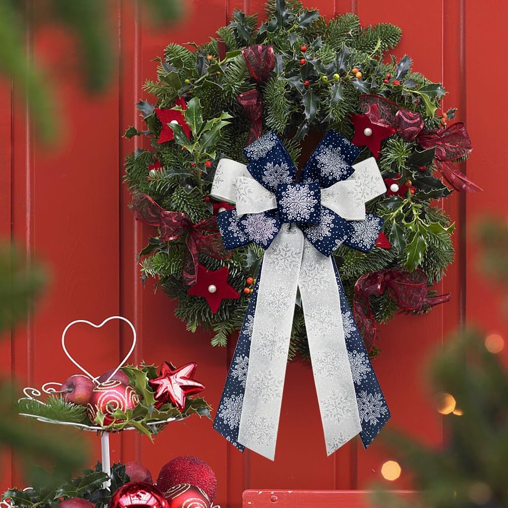 2PCS Christmas Wreath Bows Christmas Decor Bows Navy Blue Snowflake Ribbon Bows for Wreath, Christmas Tree Topper Bows for Christmas Party Decoration Home Indoor Outdoor Xmas Wreath Ornament Supplies - Image 3