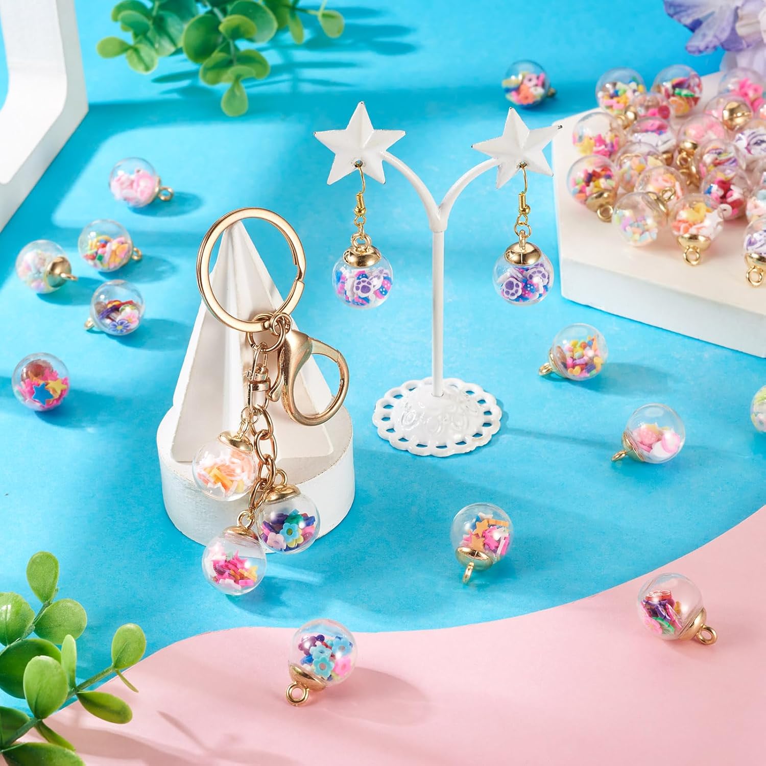 Craftdady 54 Pcs 16mm Colorful Glass Ball Pendants Crystal Glass Round Charms Dangle Earring Pendants with CCB Handmade Ploymer Clay for DIY Craft Making Bracelet Necklace Keychain Supplies - Image 2