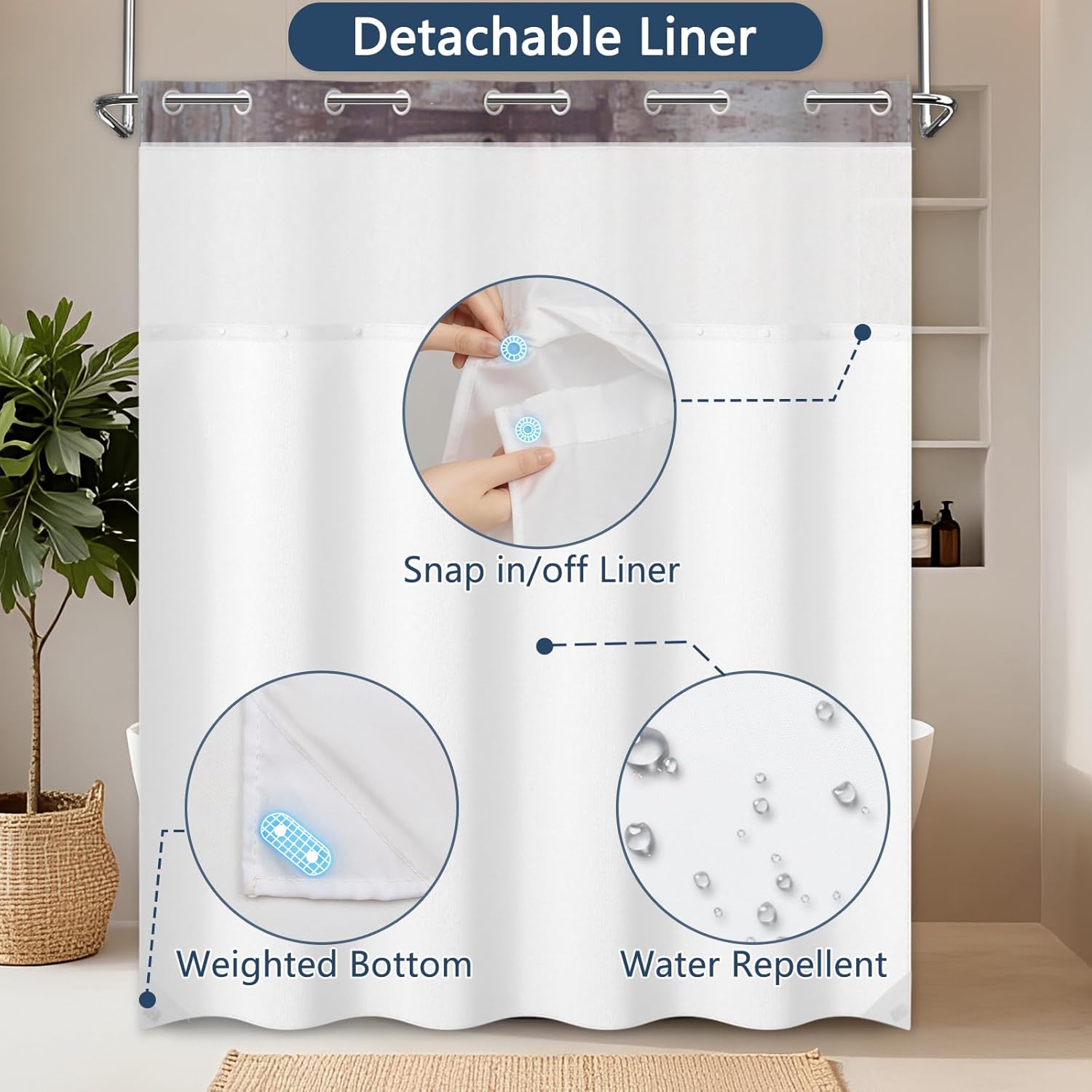 No Hook Shower Curtain with Snap in Liner Set, Cat Bathroom Party Design Shower Curtains for Bathroom Decor, Washable Fabric Shower Curtains with Sheer Top Window and Built-in Weighted Hem, 71x74 Inch