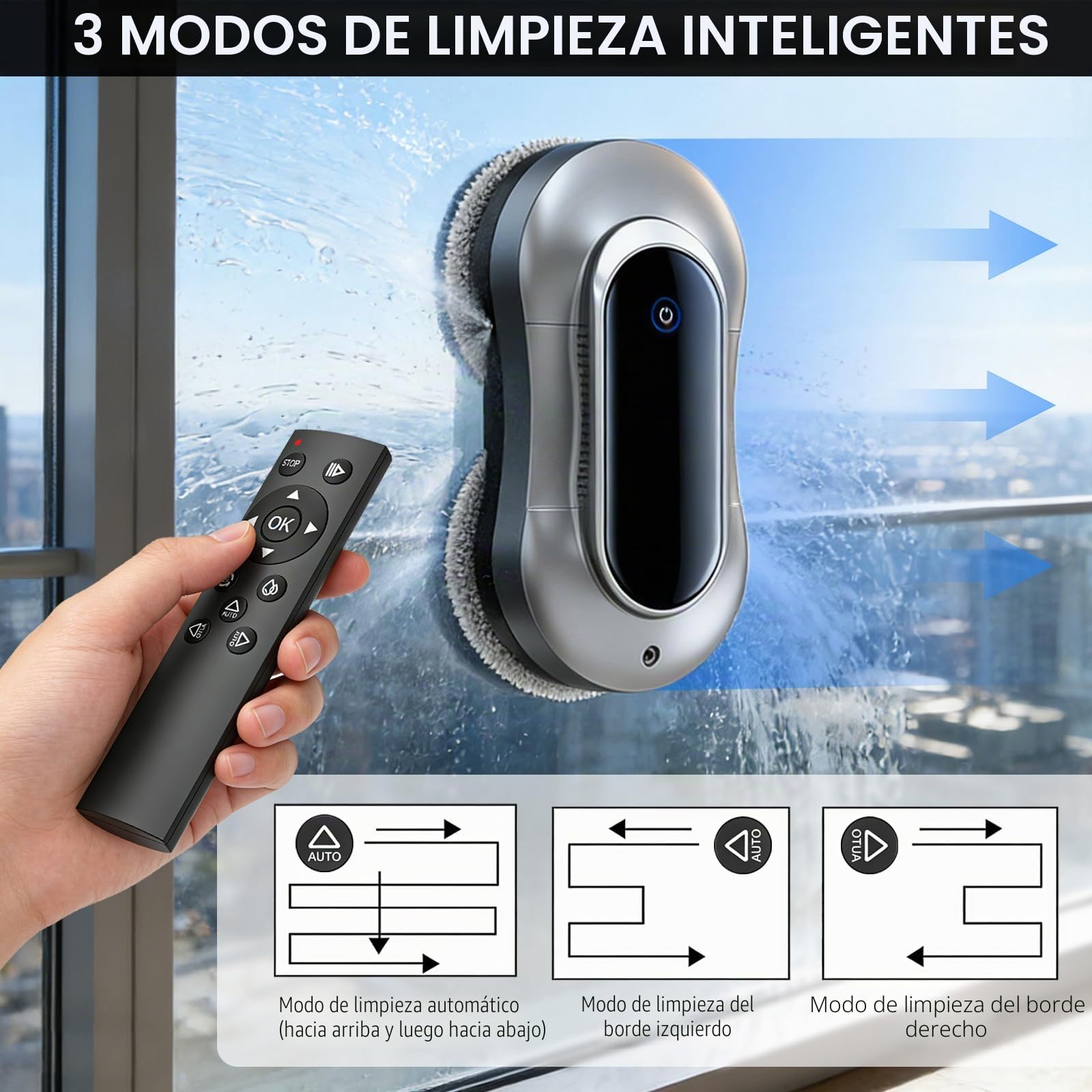Robot Limpiacristales, 6000pa Limpia Cristales Electrico Ventanas con Mando, 3 Modos Limpieza,Navegación Inteligente,10 Paños de Limpieza, Limpiacristales Electrico para Ventanas, Espejos y Azulejos