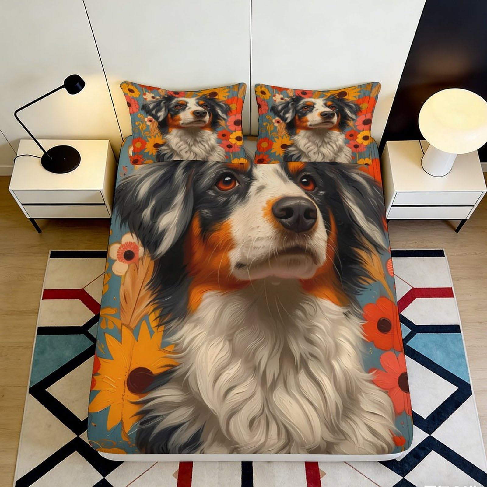 Dhbaneiok Style-5 3D Printed Australian Shepherd Fitted Sheet Microfiber Floral Dog Bed Cover For Bedroom Guest Room Mattress Protection Decor 90X200x25cm