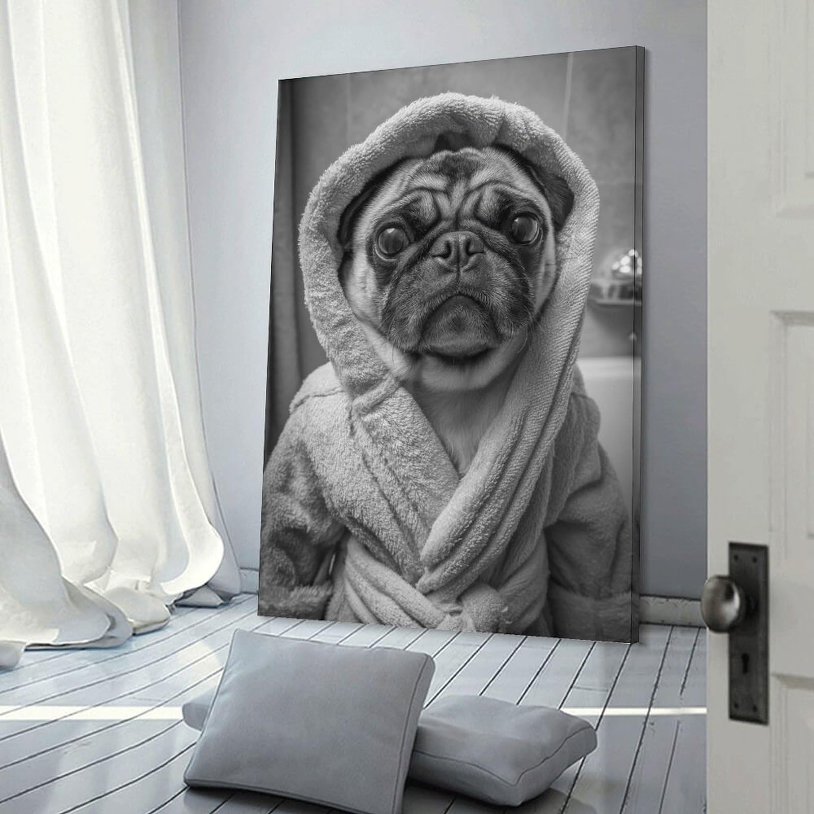 Junmoney Frame-Style-14 Canvas Art Print Pug In Bathrobe Funny Bathroom Poster, 08X12inch(20X30cm), For Contemporary Homes, Apartments Or Offices, Decorative Canvas Decor For Home Updates