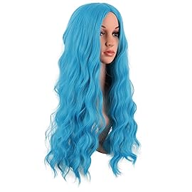 MapofBeauty 28 Inch/70 cm Long Wavy Middle Part with No Bangs Synthetic Fiber Curly Fashion Women Party Cosplay Wig (Cyan Blue)