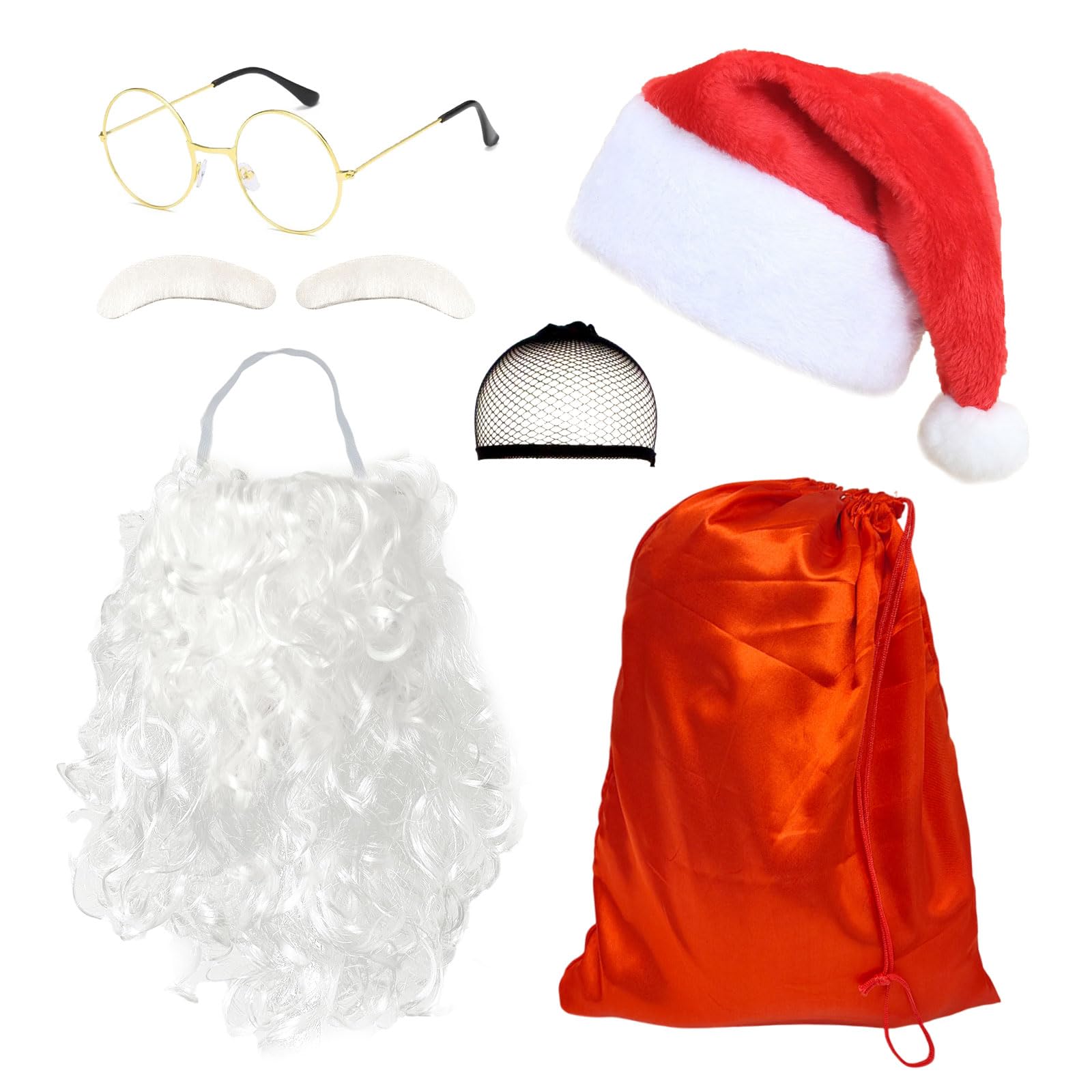 TUONYIS 6 Pieces Santa Suit,Santa Hat Beard Eyebrows Gold Glasses Red Bag Hairnet,Santa Costume Santa Beard Mask Face Cover,Santa Costume Accessories for Adults Christmas Cosplay New Year Party (Red)