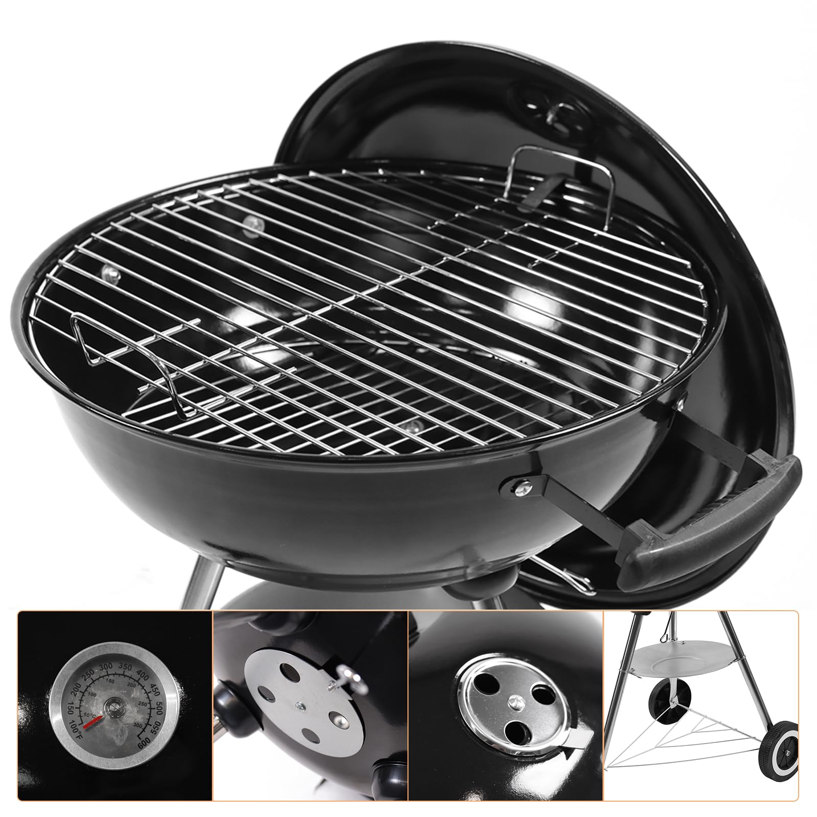 KONO Grill kulowy, grill na węgiel drzewny, grill piknikowy, ze stali nierdzewnej, mały grill z pokrywką, kółka, uchwyt ze stali nierdzewnej, termometr, grill kempingowy, zdejmowany grill do ogrodu,