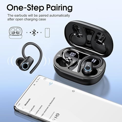 Miniatura 5 de Auriculares inalámbricos, auriculares Bluetooth 2023 5.3 Sport, auriculares 50H con ganchos para los oídos, pantalla LED dual, auriculares Negro