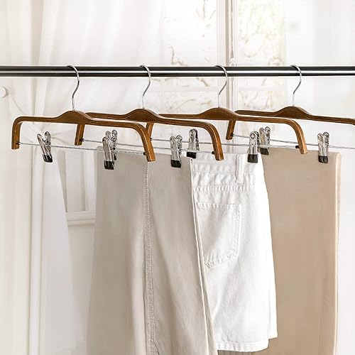 Miniatura 5 de TOPIA HANGER Perchas de madera para pantalones, perchas delgadas de madera natural para faldas con gancho antioxidante y clips de metal ajustables,