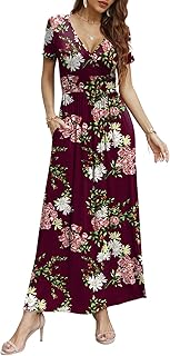 CATHY Women Short Sleeve Deep V-Neck Casual Long Dress Sexy Pleated Waist Maxi Dresses with Pockets
