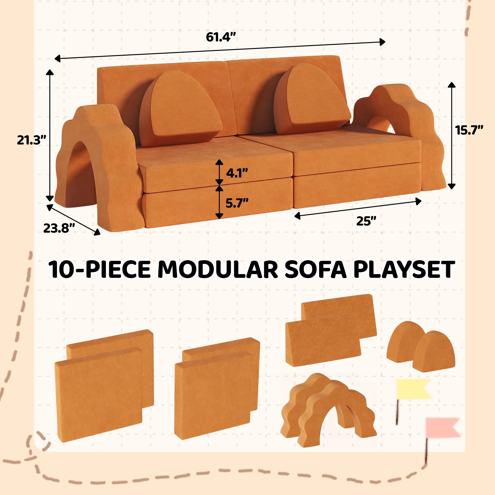 MAMIZO 10pcs Modular Kids Play Couch, Child Sectional Sofa, Large Size, Toddlers Floor Sofa W/Suede Cover, Convertible Foam Cushion for Playroom Creative Boy Girl (Orange)