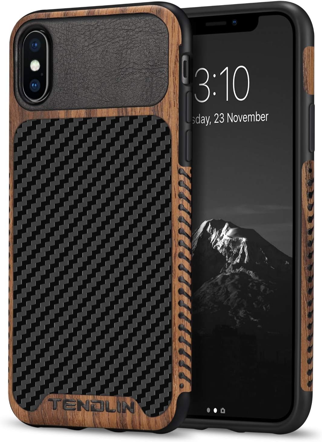 TENDLIN Compatible with iPhone XS Case/iPhone X Case Wood Grain with Carbon Fiber Texture Design Leather Hybrid Slim Case Compatible with iPhone X and iPhone XS Black