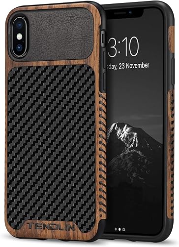 TENDLIN Compatible con iPhone Xs CaseiPhone X Funda de grano de madera con textura de fibra de carbono, funda híbrida delgada compatible con iPhone