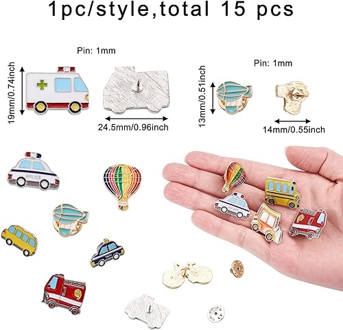 Miniatura 2 de PH PandaHall 15 broches esmaltados de aleación, 15 estilos OVNI dirigible fuego vehículo temático de aleación esmaltada, pasadores de botón de