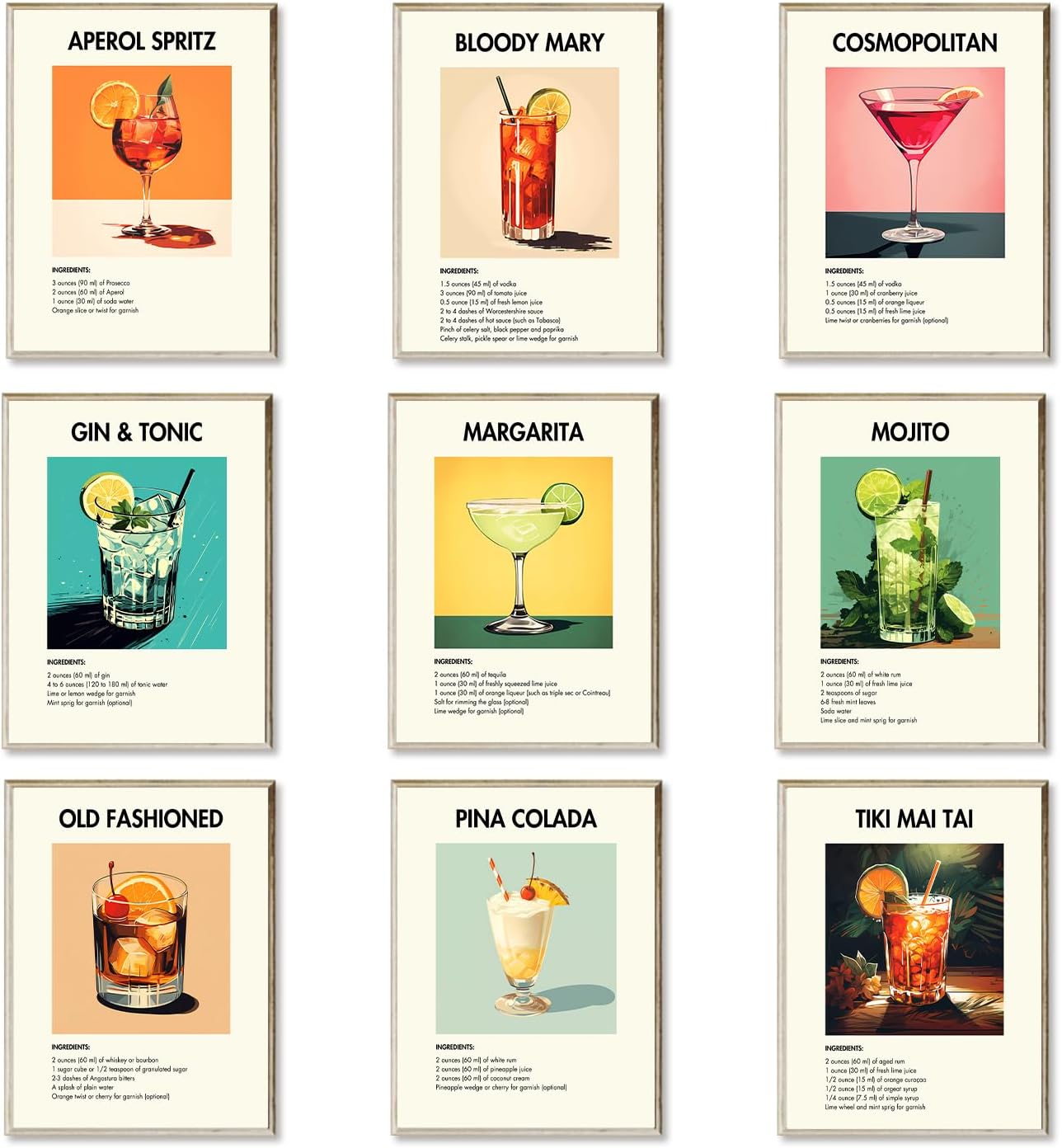 TWNSLLA Vintage Cocktail PosterRetro Bar Wall Decor