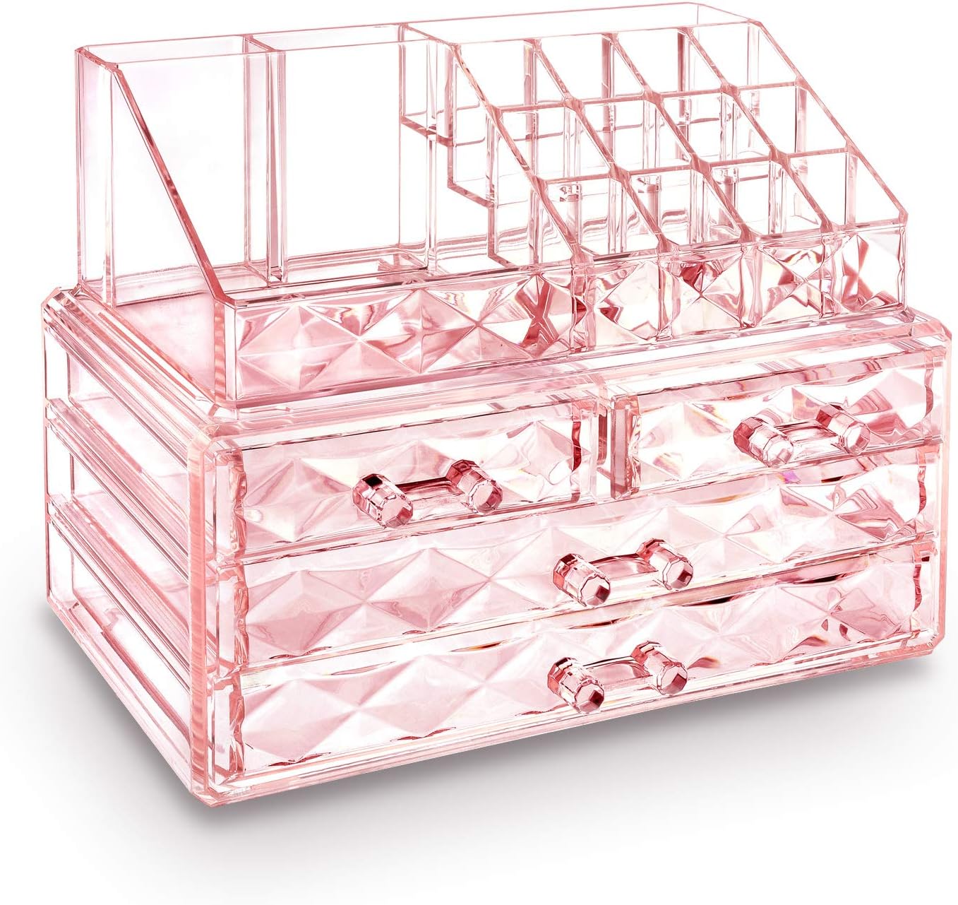Ikee Design Pink Color Diamond Pattern Jewelry & Cosmetic Storage Display Boxes Two Pieces Set, Cosmetic Jewelry Organizer Makeup Holder, Cosmetic Holder, Cosmetic Organizer for Vanity