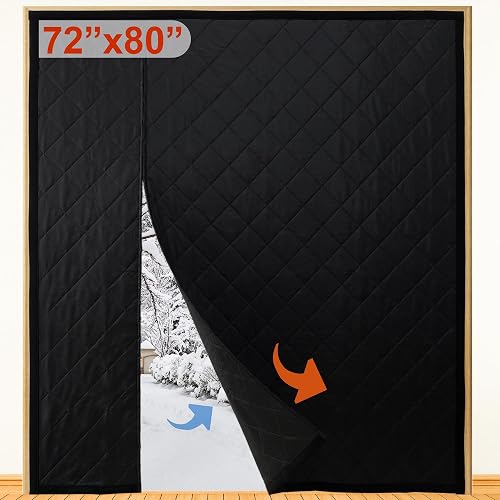 Reversible Wide Magnetic Thermal Insulated Door Curtain for Winter | Thicken Polyester Fiberfill & Heavy Duty Oxford Cloth,Temporary Window Insulation Cover Curtain for French Sliding Door,74x81
