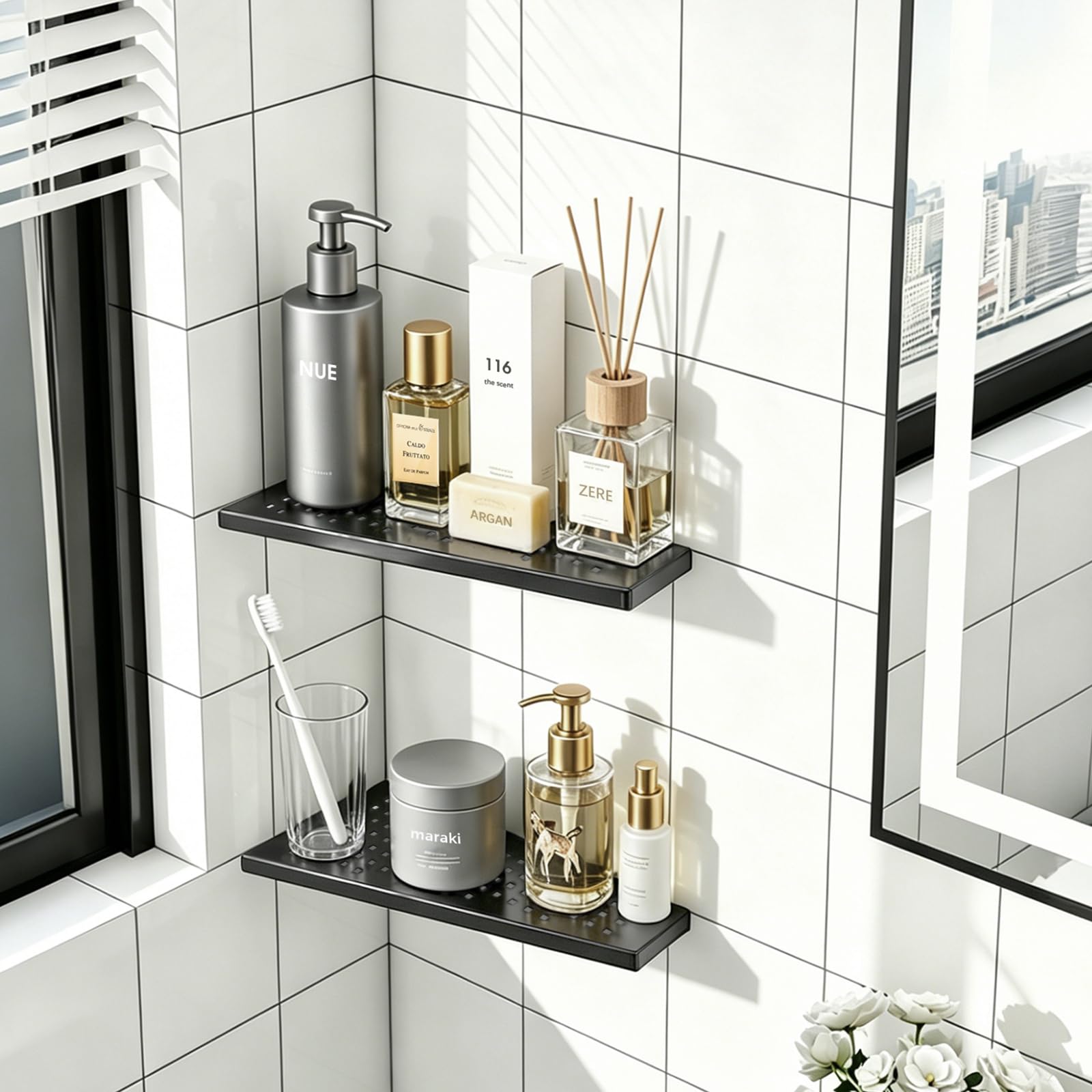 EXLECO 2pcs Étagère d'angle pour Douche en Acier Inoxydable 304, Etagere Murale Encastrable, Tablette Salle de Bain sans Percage pour Shampoing Gel, 7kg par Serviteurs, 305 x 155mm Noir, Mat