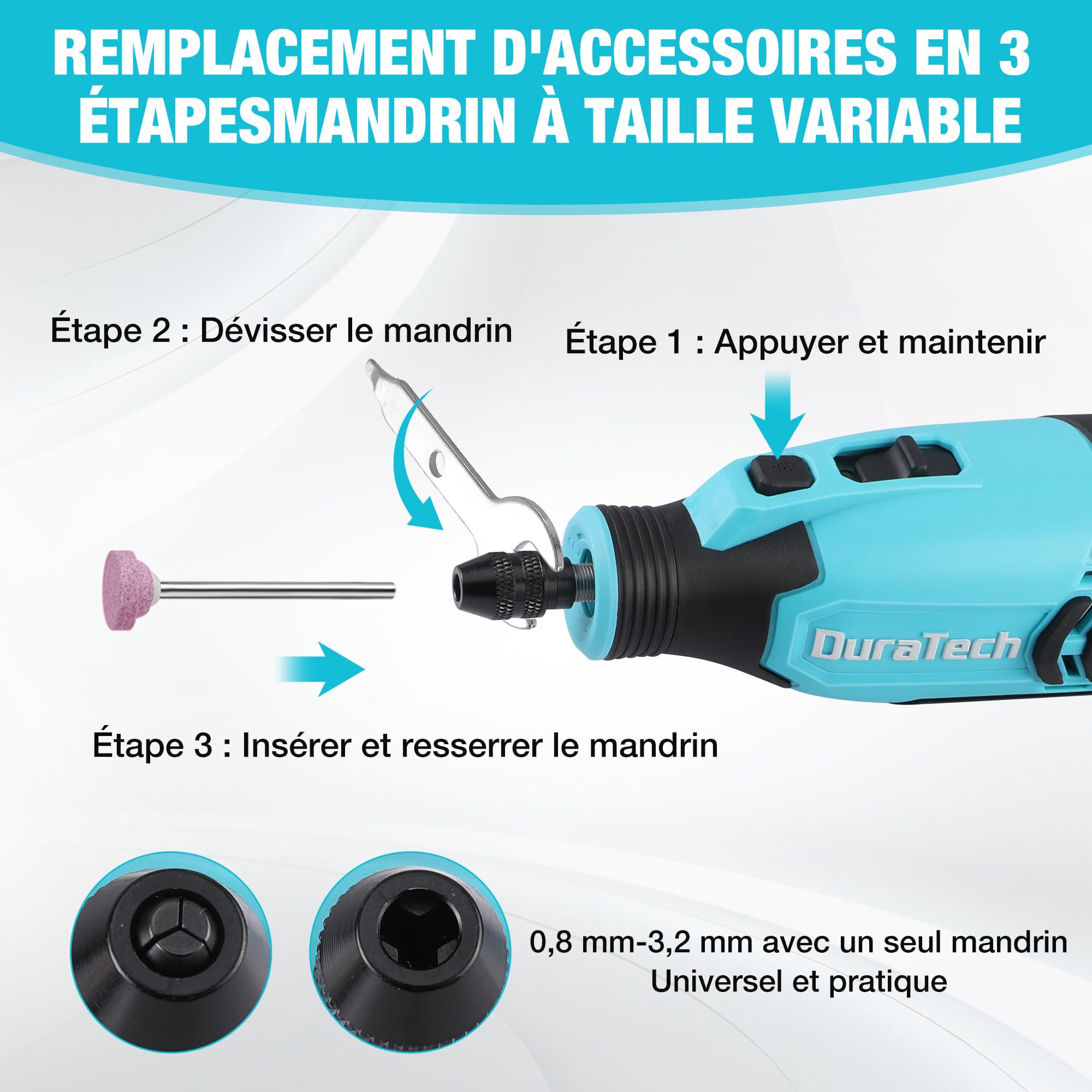 DURATECH Outil Rotatif Multifonction sans Fil 12V avec 118 Accessoires | 7 Réglages de Vitesse Variable 5000-35000 tr/min, pour Meuler, Couper, Percer, Polir, Nettoyer, Graver