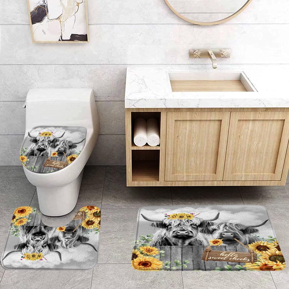 3Pcs Funny Highland Cow Bath Rugs Set,Country Sunflower Floral Plant Cute Cattle Bull Rustic Western Farm Animal Bathroom Kitchen Rug with 17.8