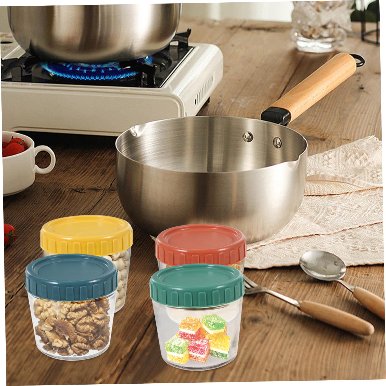 4 Tarros de Cristal Herméticos Tapa de Silicona, Reutilizables y Apilables, para Yogur, Avena y Alimentos, 4 Piezas