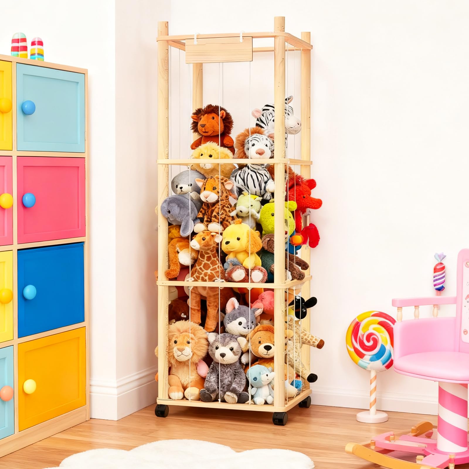 Almacenamiento Juguetes, Organizador Peluches de Madera con Reudas a 360°y Frenos Organizador Juguetes Infantil de Peluches Portaositos de Peluche para Habitaciones Infantiles, Salas de Juegos
