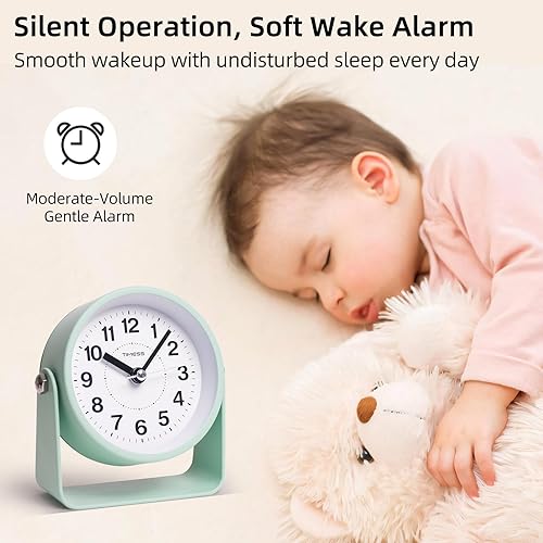 Miniatura 6 de Reloj de alarma analógico TIMESS, silencioso con movimiento de cuarzo, funciona con pilas con función de repetición de alarma y luz bajo demanda,