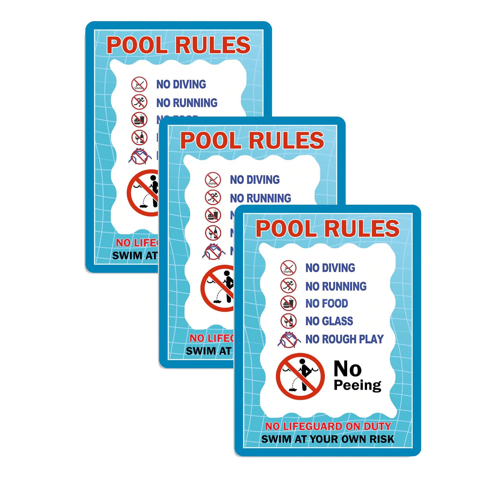 3 Pack Pool Rules Sign Warning Swim At Your Own Risk Sign for Swimming Pool Water Park Beach Decor 8"x12" Aluminum Sign