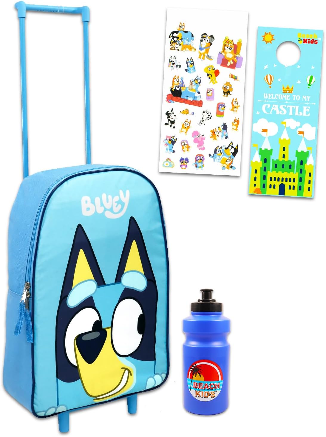 Bluey Luggage Set for Kids - Bundle with 4 Piece Carry-On Bag Set 16’’ Luggage with Wheels, Water Bottle, Plus More | Bluey Travel Rolling Suitcase for Boys, Girls