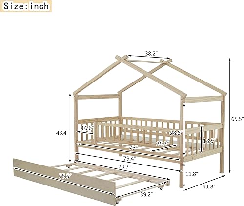 Miniatura 99 de Bellemave Cama de casa tamaño matrimonial con barandillas de valla, marco de cama de madera estilo Montessori para niños, divertidas camas de casa