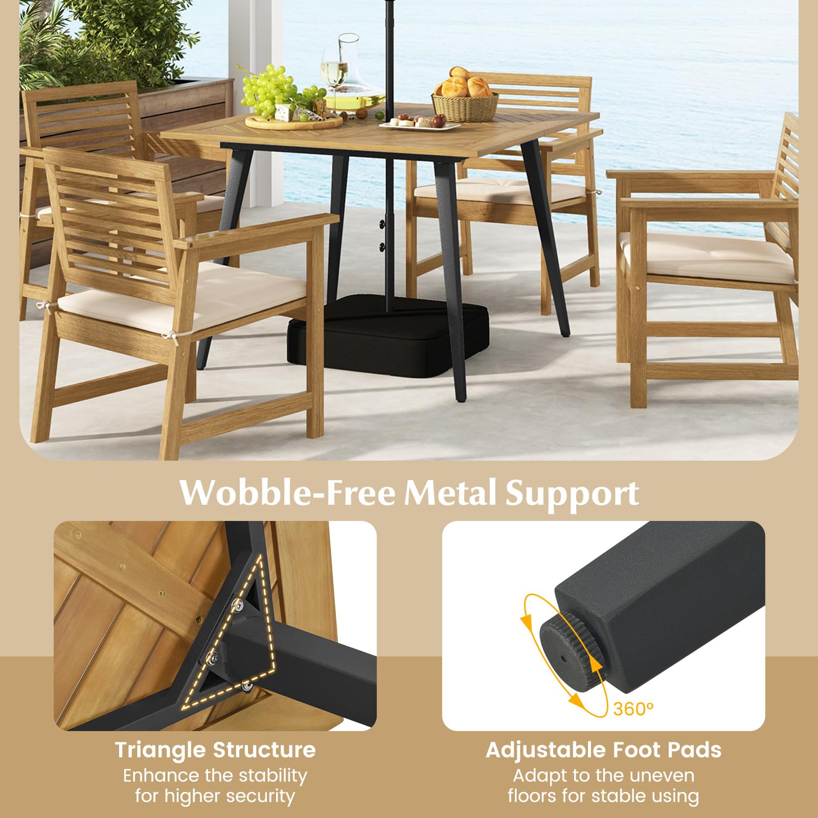 KOMFOTTEU Tavolo da giardino con foro da 5 cm, tavolo da pranzo in legno di acacia, tavolo in legno per 4/6/8 persone, tavolo da terrazza per giardino, cortile, veranda (modello 4)