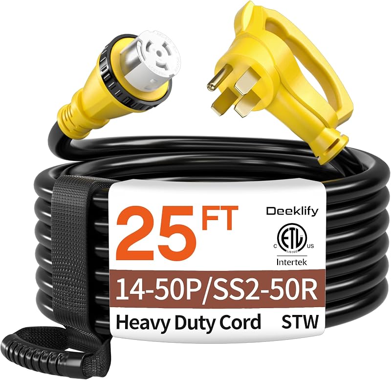 25FT 50 Amp Generator Cord NEMA14-50P/SS2-50R with Twist Lock | 50 Amp RV Extension Cord Heavy-Duty 4 Conductors, NEMA 14-50P/SS2-50R STW 50amp Generator Cord for RV or Camper, Yellow, ETL