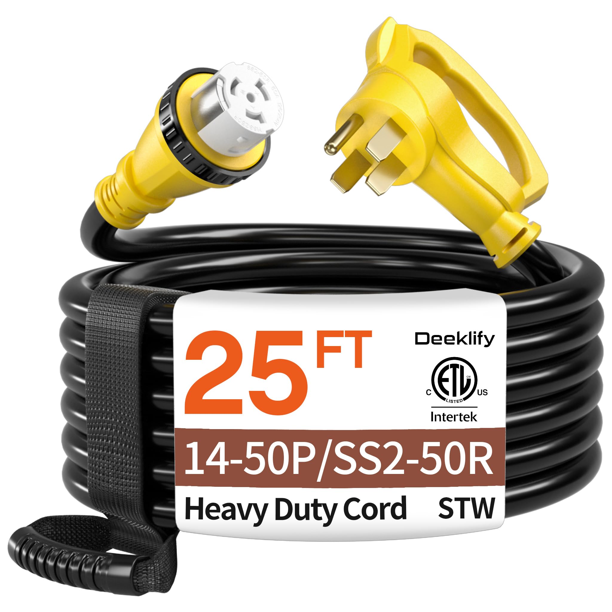 Photo 1 of 25FT 50 Amp Generator Cord, NEMA 14-50P/SS2-50R Heavy-Duty 4 Conductors Cable, Pure Copper STW RV Extension Cord, Female Plug with Twist Lock, Suitable for RV or Camper, ETL Listed