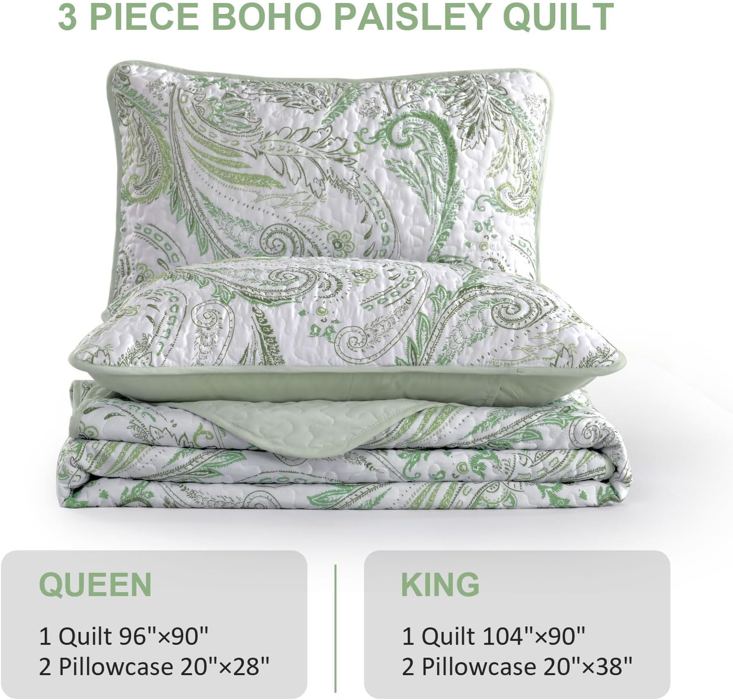 WONGS BEDDING Boho Quilt Set Queen,Green Paisley Floral Pattern Bedspread Coverlet Set with 2 Pillowcases,3 Piece Lightweight Microfiber Bohemian Quilt Bedding Set 96"×90" - Image 7