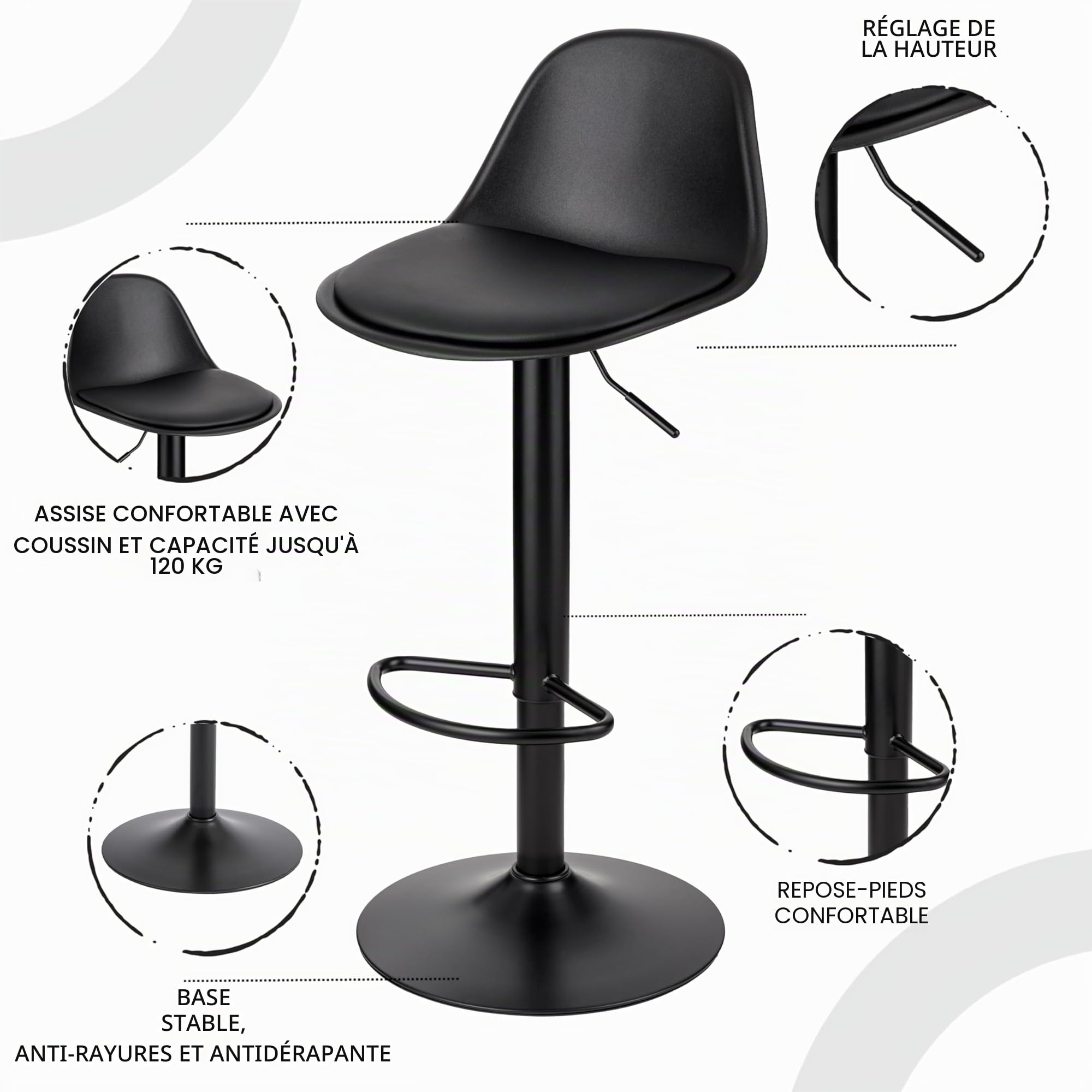 Baroni Home Tabouret de Bar pivotant avec Dossier et Coussin, Chaise Haute avec Hauteur réglable et Repose-Pieds, Fond Anti-Rayures, Salle à Manger, Restaurant, Bar, Noir, 1 pièce, 39x44x82-104 cm