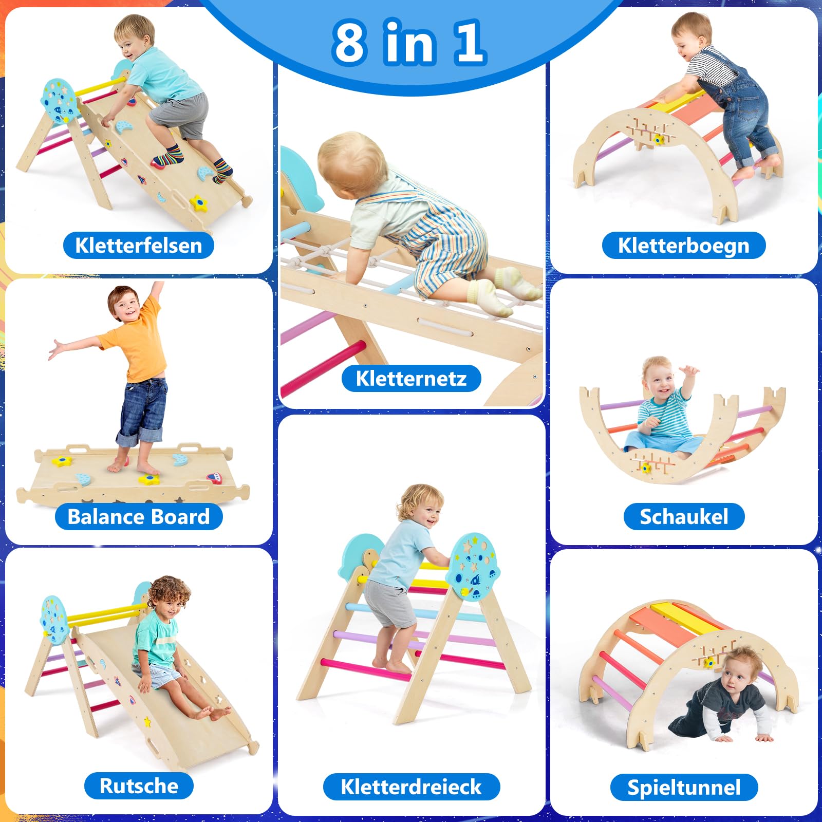 COSTWAY Klettergerüst Indoor 4er Set, klappabres Kletterdreieck mit Rutsche, Kletterbogen, Netz, inkl. doppelseitige Rampe, Baustein Set & 2 Autos, Universum Sprossendreieck Holz für Kinder ab 1 Jahr