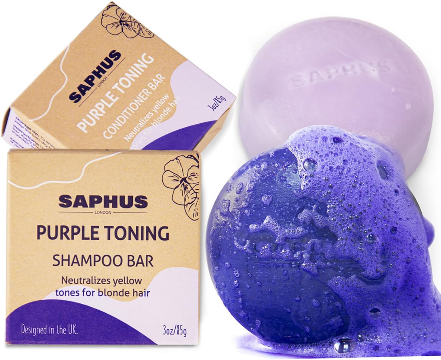 Sulfate Free Brass Toning Purple Shampoo Bar and Conditioner Set for Blonde, Bleached, Silver, or Brown Hair, Neutralizes Brassy Yellow Orange Tones, 6 oz