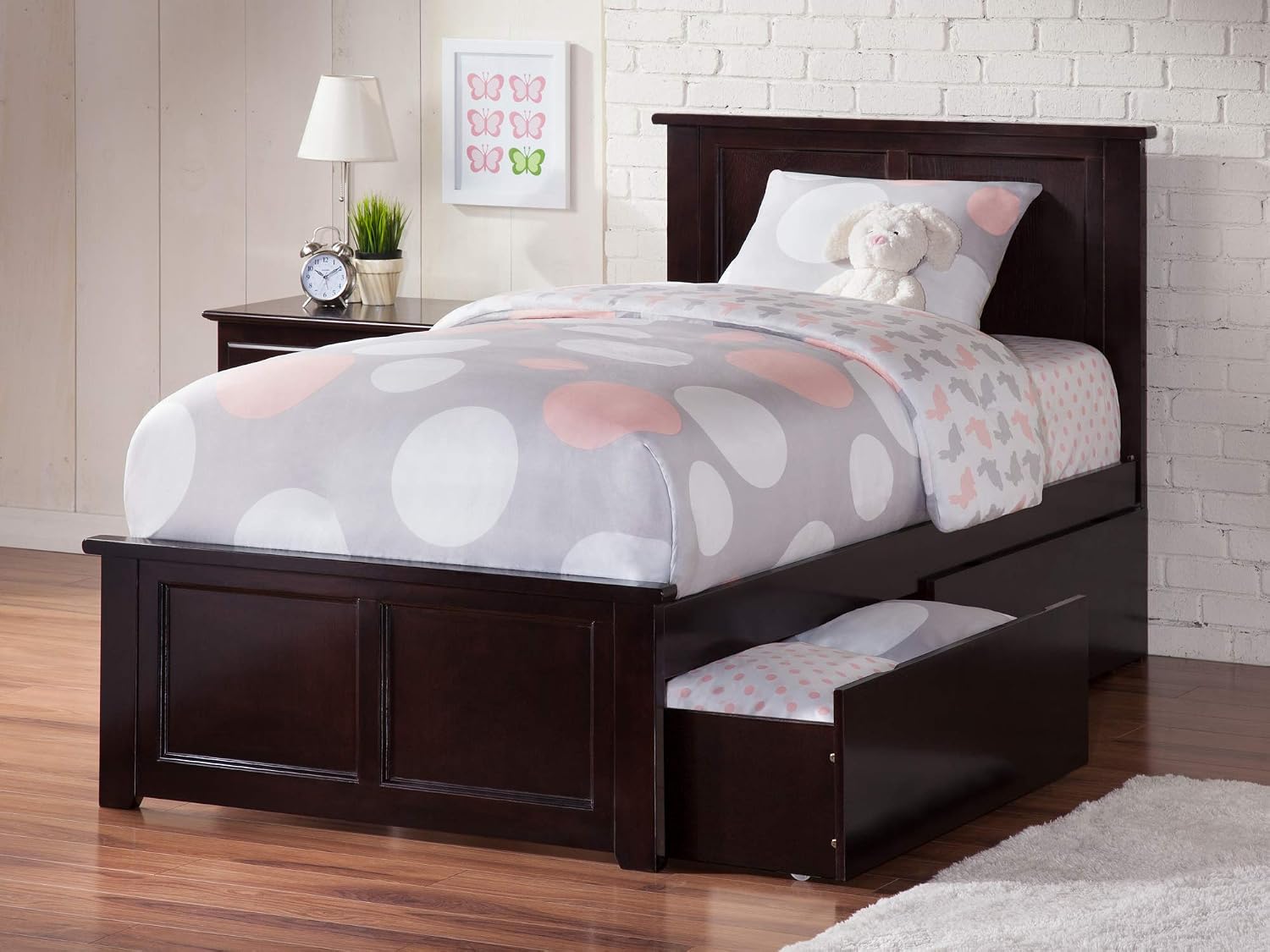 AFI Madison Twin XL Storage Platform Bed with one underbed drawer partially open, revealing storage space.